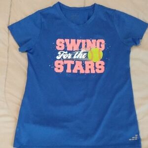 Blue Graphic Tee with Pink and Yellow Design